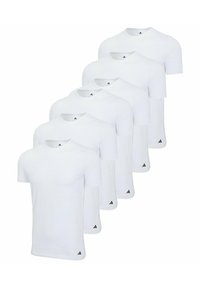 Sześć białych t-shirtów z krótkim rękawem, wykonanych z bawełny, z okrągłym dekoltem. Każdy z nich ma małe czarne logo na lewym brzegu. Miły w dotyku, prosty design.