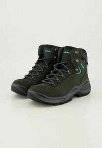 Wanderstiefel in dunklem Grün mit schwarzen Akzenten, ausgestattet mit einem wasserdichten Design, einer robusten Gummisohle und blauen Schnürsenkeln für einen sicheren Sitz.