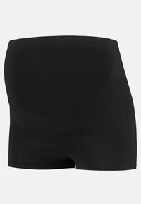 Pantaloni shorts neri a compressione con vita alta, realizzati in tessuto liscio, dotati di una fascia elastica in vita e senza cuciture visibili.