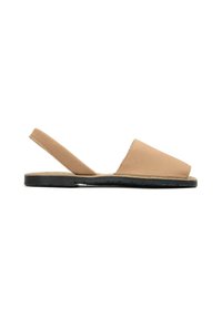 Tan slingback sandals with a smooth upper, open toe, and black rubber sole. Features a minimalistic design and soft, suede-like texture.