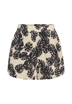 Juoda ir kreminė raštuota šortai su elastinga juosta, puošti tropinių lapų dizainu ant lengvos medžiagos.