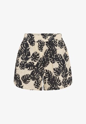 Sražené kraťasy černé a krémové, se zavazovacím pasem, se vzorem tropických listů na lehké tkanině.