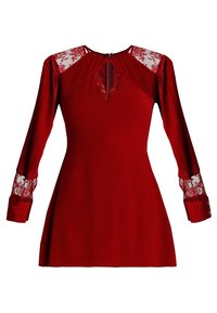 Červené šaty s dlouhými rukávy, krajkovými detaily na ramenou a manžetách, výstřihem ve tvaru V, přiléhavým korzetem a rozšířenou sukní. Hladká textilie.