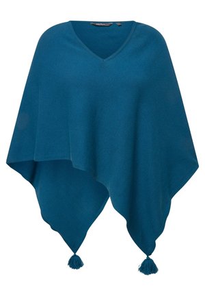 Poncho turchese con design a V, realizzato in materiale morbido. Presenta frange alle estremità appuntite e una superficie liscia e strutturata.