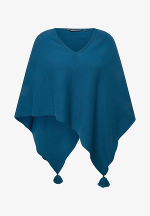 Teal poncho med V-hals design, lavet af blødt materiale. Har frynser ved de spidse ender og en glat, struktureret overflade.