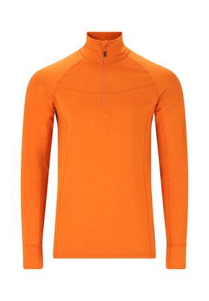 Oranger Langarmpullover mit einem Viertelreißverschlusskragen, aus glattem, leichtem Stoff gefertigt. Verfügt über flache Nähte und einen sportlichen Schnitt.