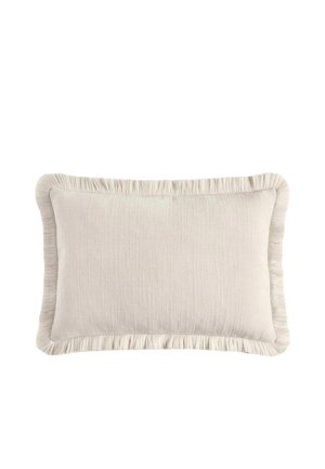 Rectangular beige decorative pillow with a textured fabric surface and fringed edges on all sides.