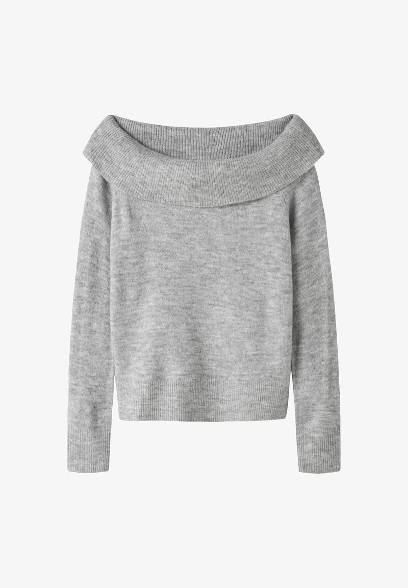 Gray off-the-shoulder sweater with a wide ribbed neckline, long sleeves, and a soft texture, featuring a relaxed fit and ribbed cuffs.