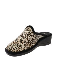 Leopardprint instapsloffen met een zachte, gestructureerde bovenkant, zwarte afwerking en een lage wiggenhak voor extra comfort en ondersteuning.