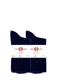 Calze sanitarie blu scuro in confezione da cinque. Presentano una texture liscia, senza fascia elastica e un'etichetta che indica la gamma di taglie EU 35-38.