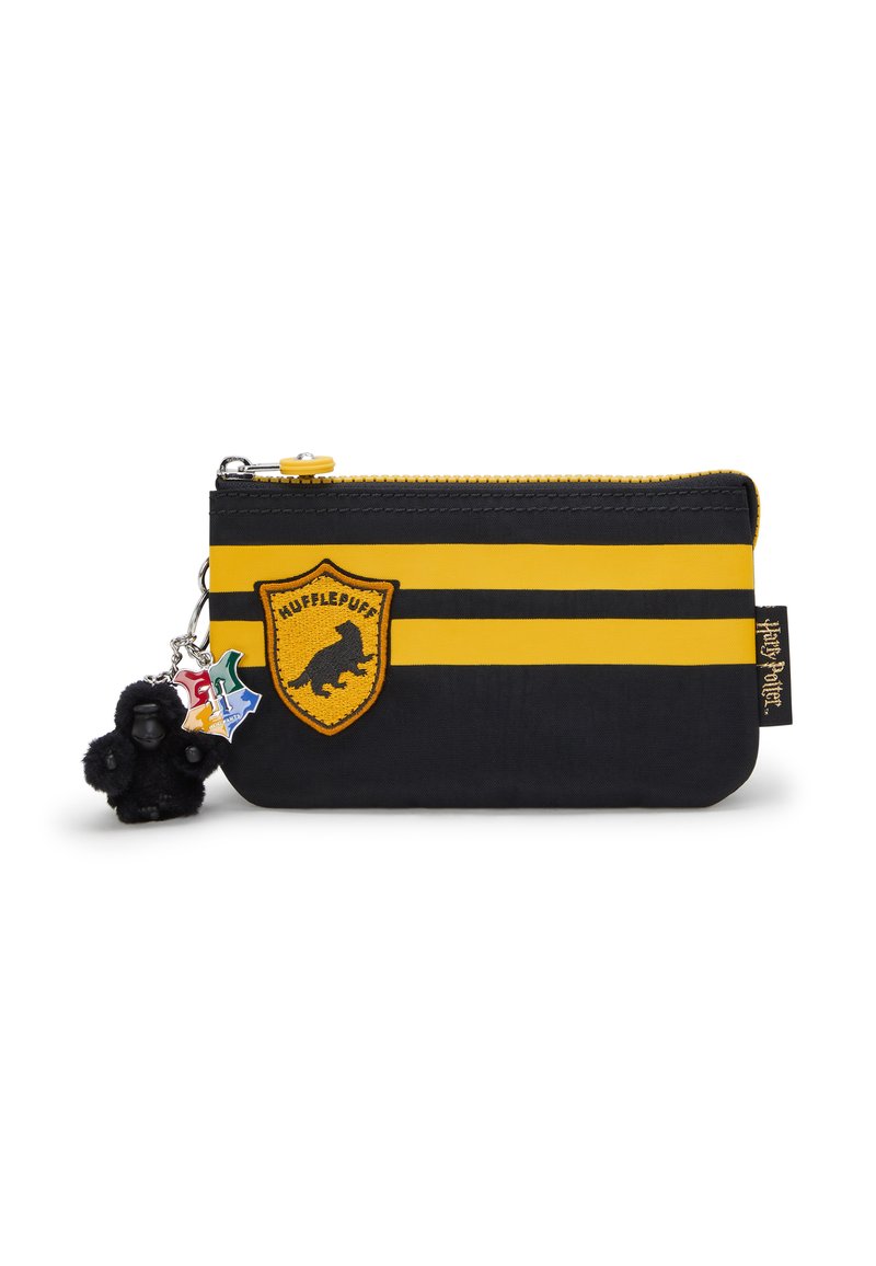 Sort og gult lynlåse punge med stribet design, Hufflepuff emblem og en charme af en lille sort figur. Tekstureret stof.