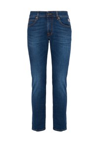 Jeans in denim blu scuro con design aderente, cinque tasche e cuciture arancioni a contrasto. Dotati di chiusura con bottone e cerniera.