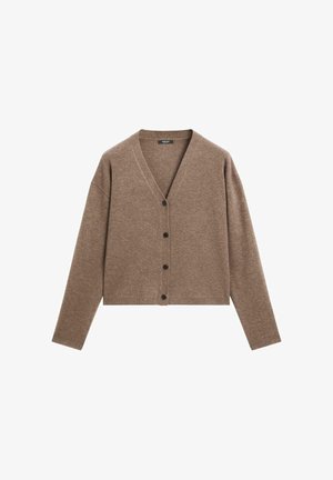 Brown wool cardigan with a deep V-neck, long sleeves, and black buttons down the front. Features a cropped design and soft texture.