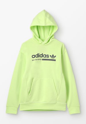 Felpa con cappuccio verde neon realizzata in tessuto morbido, con tasca frontale e logo Adidas con il testo "BUILT FOR PURPOSE".