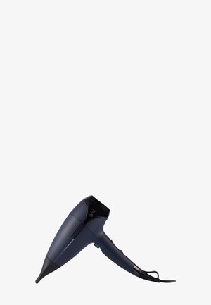 Sèche-cheveux portable bleu foncé et noir avec un embout concentrateur et un cordon d'alimentation attaché sur un fond blanc.