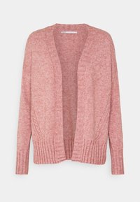 Jasnoróżowy kardigan wykonany z miękkiego dzianinowego materiału, z prążkowanym dołem i mankietami, otwartym przednim krojem oraz fakturowaną tkaniną.