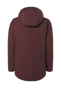 Bordeaux waterdichte jas met capuchon, voorzien van lange mouwen, elastische manchetten en een rechte snit, ontworpen voor gebruik in de buitenlucht.
