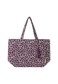 Paarse stoffen draagtas met witte luipaardprint, voorzien van twee lange hengsels en een paarse kwastdetail aan de zijkant.