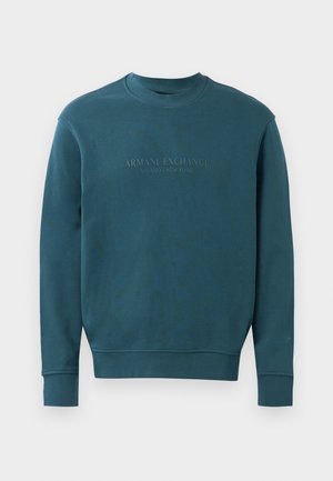 Teal sweatshirt van zacht materiaal, met een ronde hals en geribbelde manchetten. De voorkant toont het "ARMANI EXCHANGE" logo in tonale print.