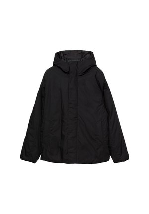 Giacca nera con cappuccio, dalla vestibilità ampia, caratterizzata da una texture morbida, due tasche laterali e dettagli di cucitura minimi. Materiale impermeabile.
