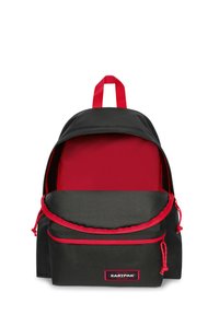 Black fabric backpack with red accents, featuring a front pocket with a drawstring, and a spacious interior in solid red.