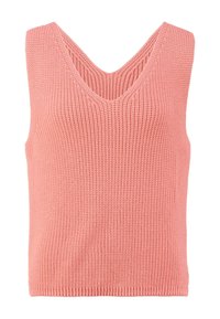 Rosa gestricktes ärmelloses Oberteil mit tiefem V-Ausschnitt, gerippter Textur und geradem Saum. Einfaches Design ohne zusätzliche Muster oder Akzente.
