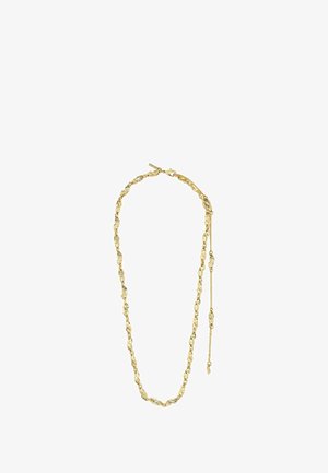 Goldene Halskette mit verdrehten Gliedern und einer feinen verstellbaren Verlängerungskette. Glatte Textur mit glänzendem Finish.