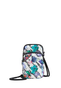 Prošívaná taška přes rameno na bílém pozadí, s barevnými vzory včetně mušlí a vějířů. Černý zip a nastavitelný popruh.