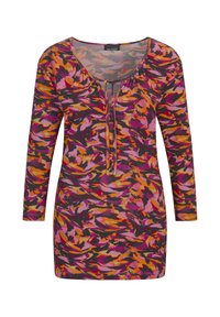 Mehrfarbige Langarm-Tunika mit einem auffälligen abstrakten Muster in Pink, Orange und Dunkelgrau, ausgestattet mit einem runden Halsausschnitt und einem Bindedetail.