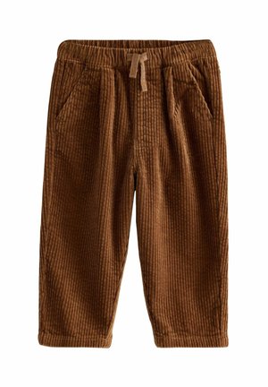 Braune Cordhosen mit elastischem Bund, vorne mit Kordelzug und seitlichen Taschen, für legere Kleidung konzipiert.
