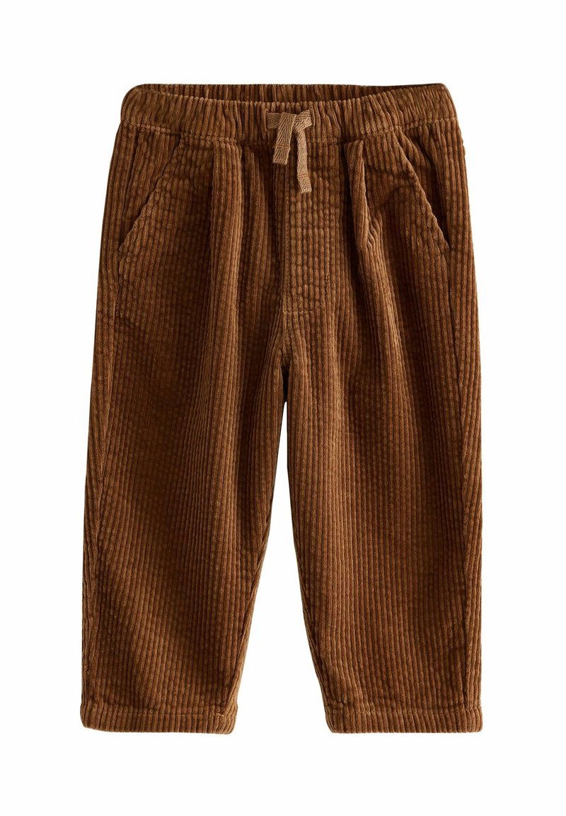 Pantalon en velours côtelé marron avec taille élastique, cordon à l'avant et poches latérales, conçu pour un usage décontracté.