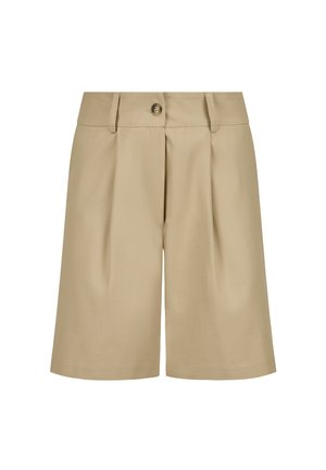 Beige tailored knee-length shorts with front pleats, belt loops, and a single button closure at the waistband.