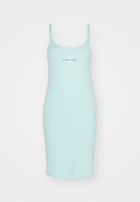 Lichtblauwe, mouwloze midi-jurk met dunne banden en het "Calvin Klein Jeans" logo op de voorkant van de borst.