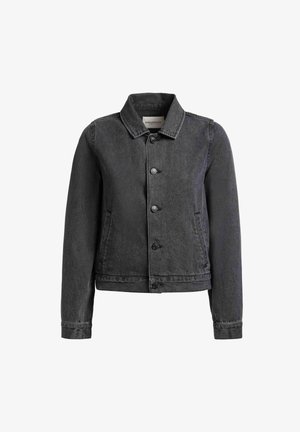 Zwarte spijkerjack met knoopsluiting aan de voorkant, puntige kraag, lange mouwen, zijzakken en rechte zoom.