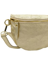 Sac en simili cuir texturé doré, de forme arrondie, avec une fermeture zippée sur le dessus, des boucles latérales pour une bandoulière et des accents métalliques.