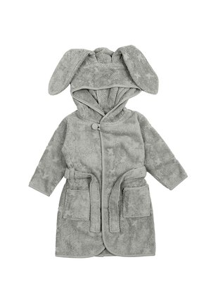 Weicher grauer Kinderbademantel mit Kapuze und Hasenohren, zwei Vordertaschen und einem Gürtel, der in der Taille gebunden ist.