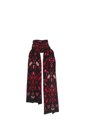 Zwarte sjaal met rode en roze bloemenpatronen, getoond in een lus met de uiteinden die omlaag hangen.