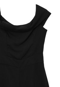 Vestito nero senza maniche con design a collo drappeggiato, vestibilità sartoriale, texture liscia e dettagli delle cuciture sottili.
