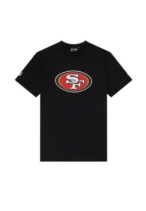 Schwarzes Baumwoll-T-Shirt mit einem roten und weißen ovalen Logo mit "SF"-Text, kurzärmlig und mit Rundhalsausschnitt.