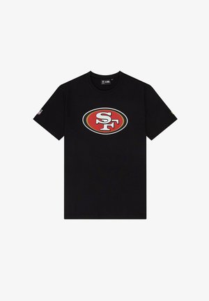 Black cotton t-shirt featuring a red and white oval logo with "SF" text, short sleeves, and a crew neck design.