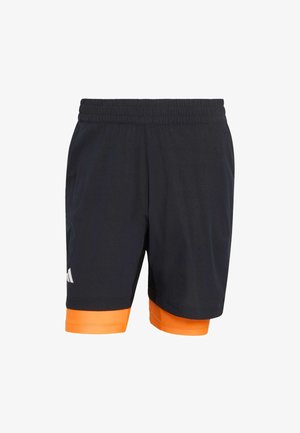 Black athletic shorts with an elastic waistband and orange hem. Features a textured fabric and white logo on the left side.