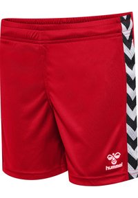 Röda atletiska shorts i mjukt tyg som har ett svartvitt zickzackmönster längs sidorna och en vit logotyp på framsidan.