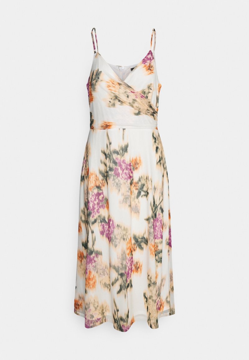 Robe midi blanche sans manches avec fines bretelles et motif floral multicolore en tons orange, violet et vert sur fond clair.