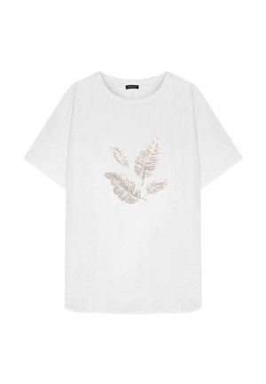 Camiseta blanca de manga corta con cuello redondo que presenta un diseño de cinco hojas con lentejuelas en tonos neutros en el centro delantero.