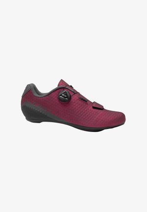 Zapatilla de ciclismo roja con suela negra, parte superior ventilada y sistema de cierre BOA con dial en el lateral.