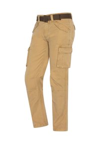 Beige cargobroeken met een rechte snit, voorzien van meerdere zijzakken, een riem en versterkte stiksels voor duurzaamheid.