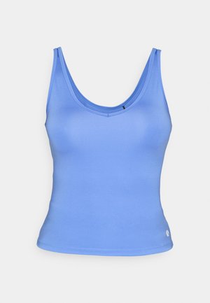 Blue tank top made of smooth fabric with a scoop neckline and narrow straps. Features a fitted shape and a small logo at the hem.