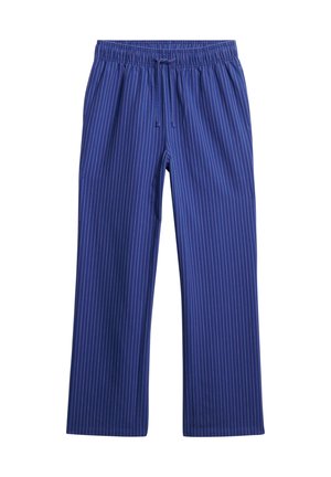 Pantalones a rayas azules con cintura elástica y cordón ajustable. Hechos de una tela suave, que presenta rayas verticales en un tono de azul más claro.