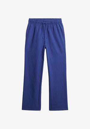 Pantalones a rayas azules con cintura elástica y cordón ajustable. Hechos de una tela suave, que presenta rayas verticales en un tono de azul más claro.