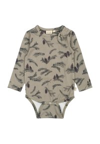 Hosszú ujjú bodysuit olajzöld színben, fenyőerdő toboz és ág mintával. Kerek nyakkivágással és patentos záródással az alján.